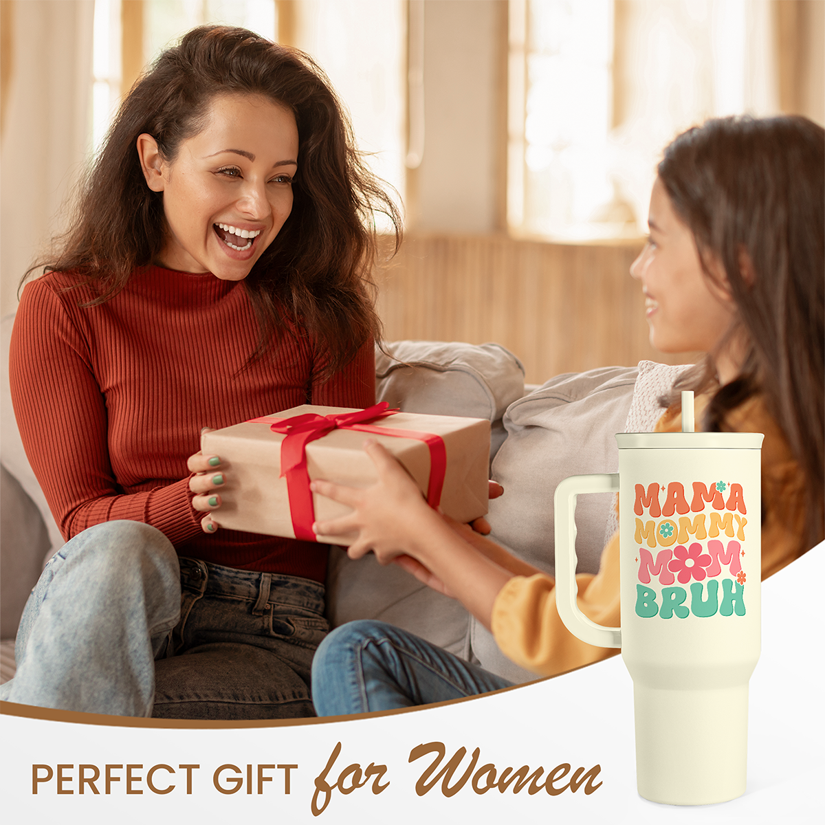 Cream tumbler with handle and straw; colorful “MAMA MOMMY BRUH” graphic, gift-ready.