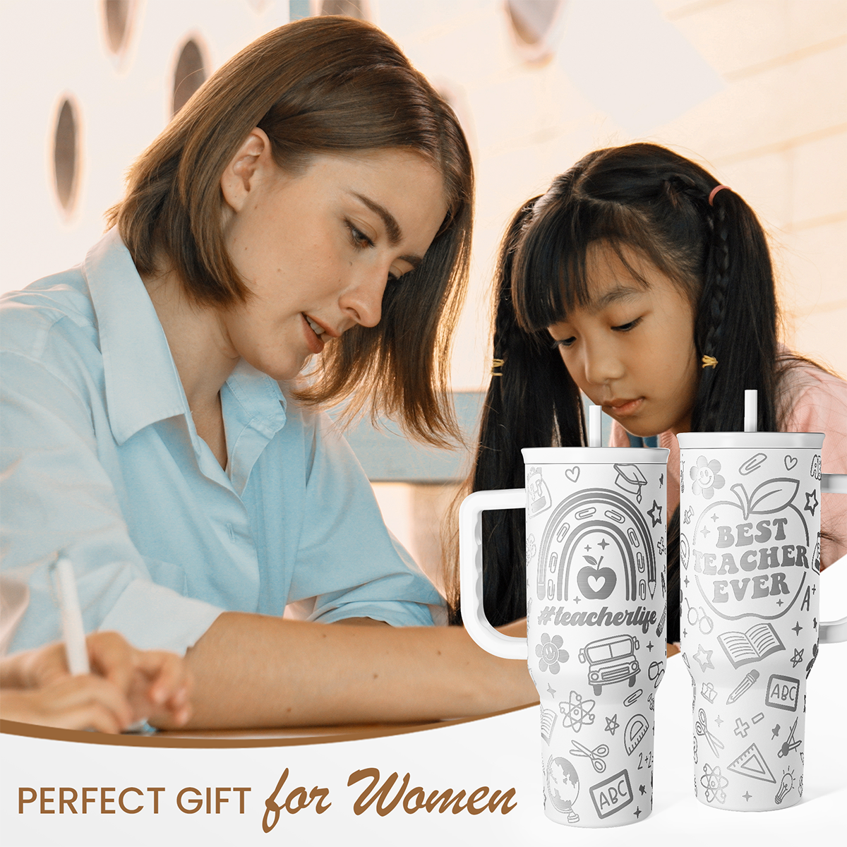 White 40oz teacher tumbler with handle and teacher-themed print, used by two people