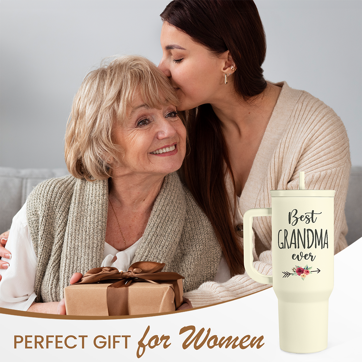 Cream 40oz tumbler with handle and straw, “Best Grandma ever” print