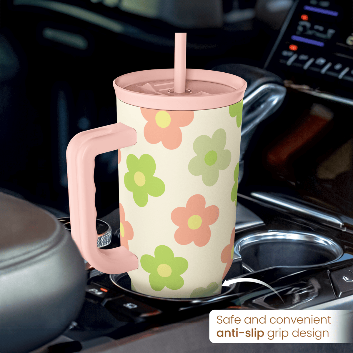 40oz slider tumbler with handle and straw, beige daisy floral pattern, anti-slip grip style.