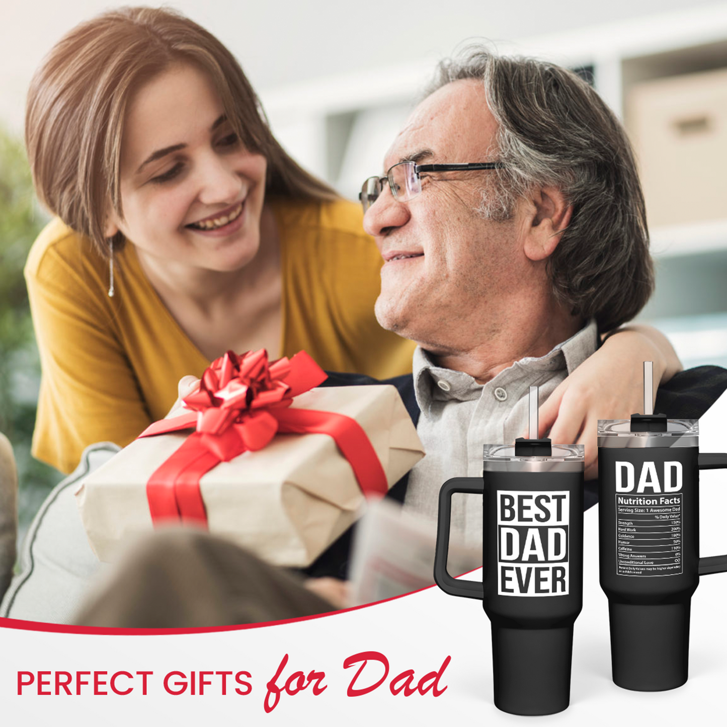 Black 40oz tumbler gift set with handle, “BEST DAD EVER” print, lid and straw