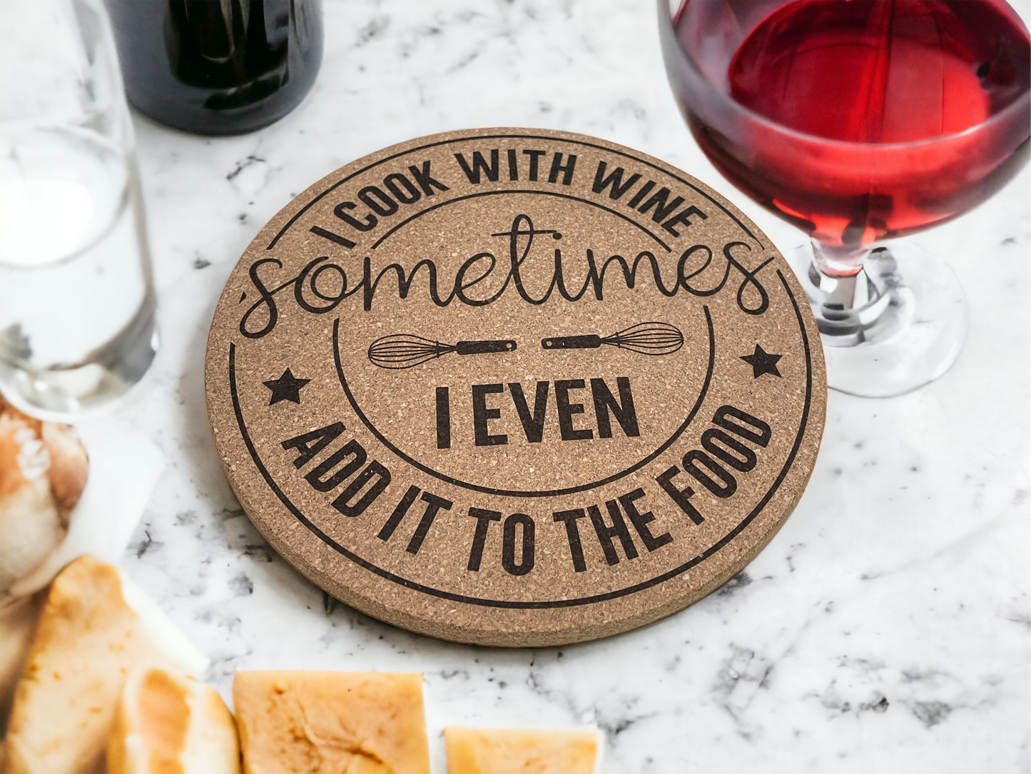 Round cork coaster with 'Sometimes' script, utensil icon, and stars on border