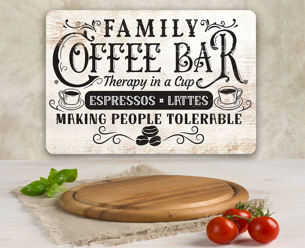 Family coffee bar metal sign on light background with coffee bar text and decorative cups