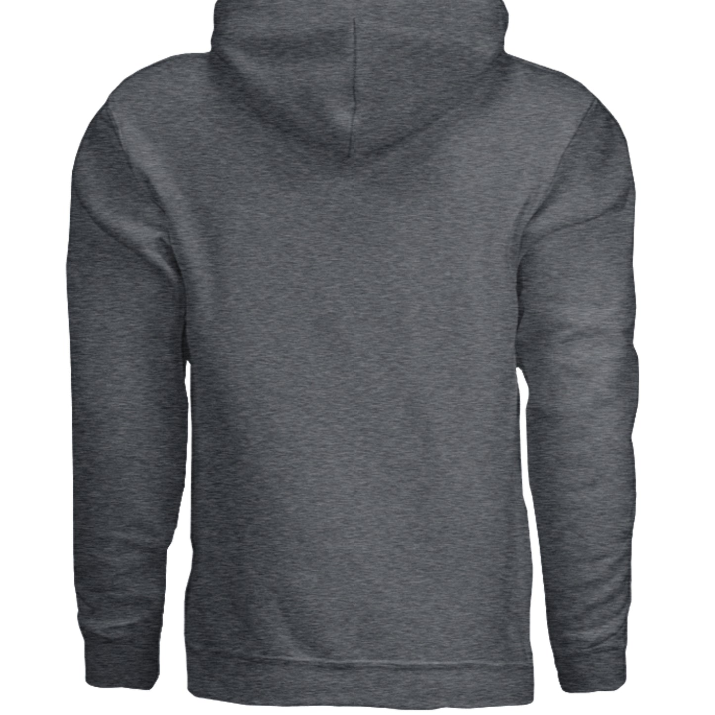 Dark heather gray hoodie with plain back and hood, no visible graphic.