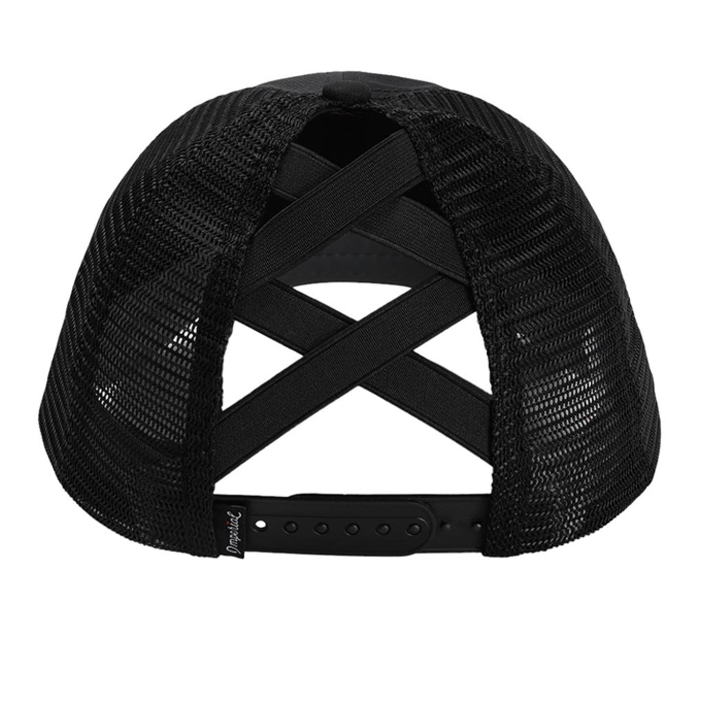 Black mesh back cap with adjustable strap and crossed back panel view