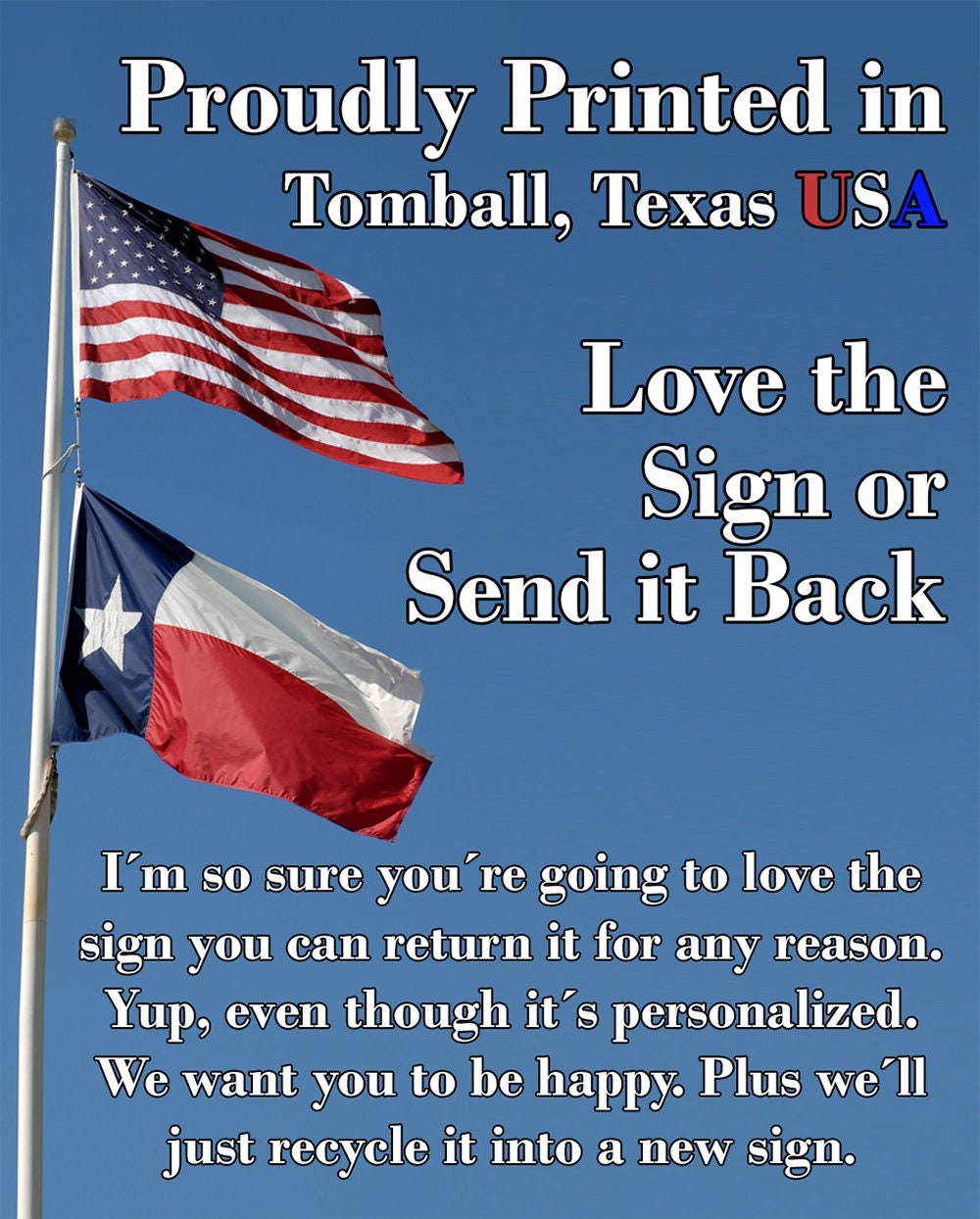 Text graphic about “Proudly Printed in Tomball, Texas” with American flags