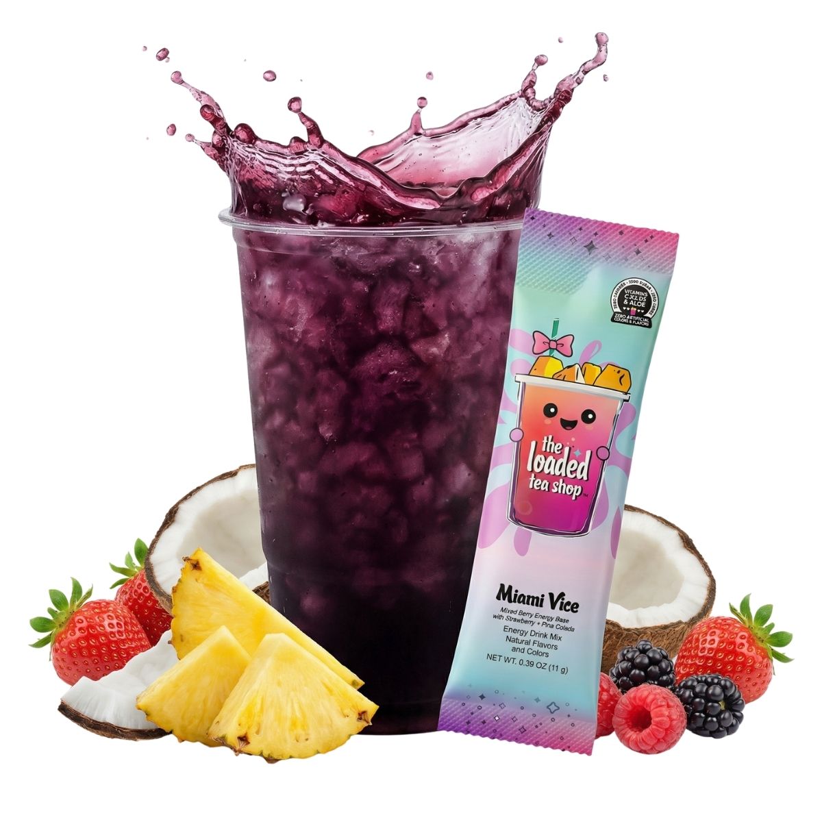 Miami Vice loaded tea stick with purple drink splash and tropical fruit garnish