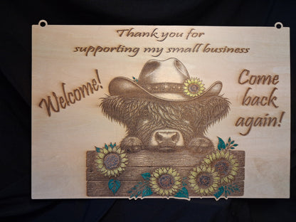Highland Cow Small Business Wood Hanger Sign