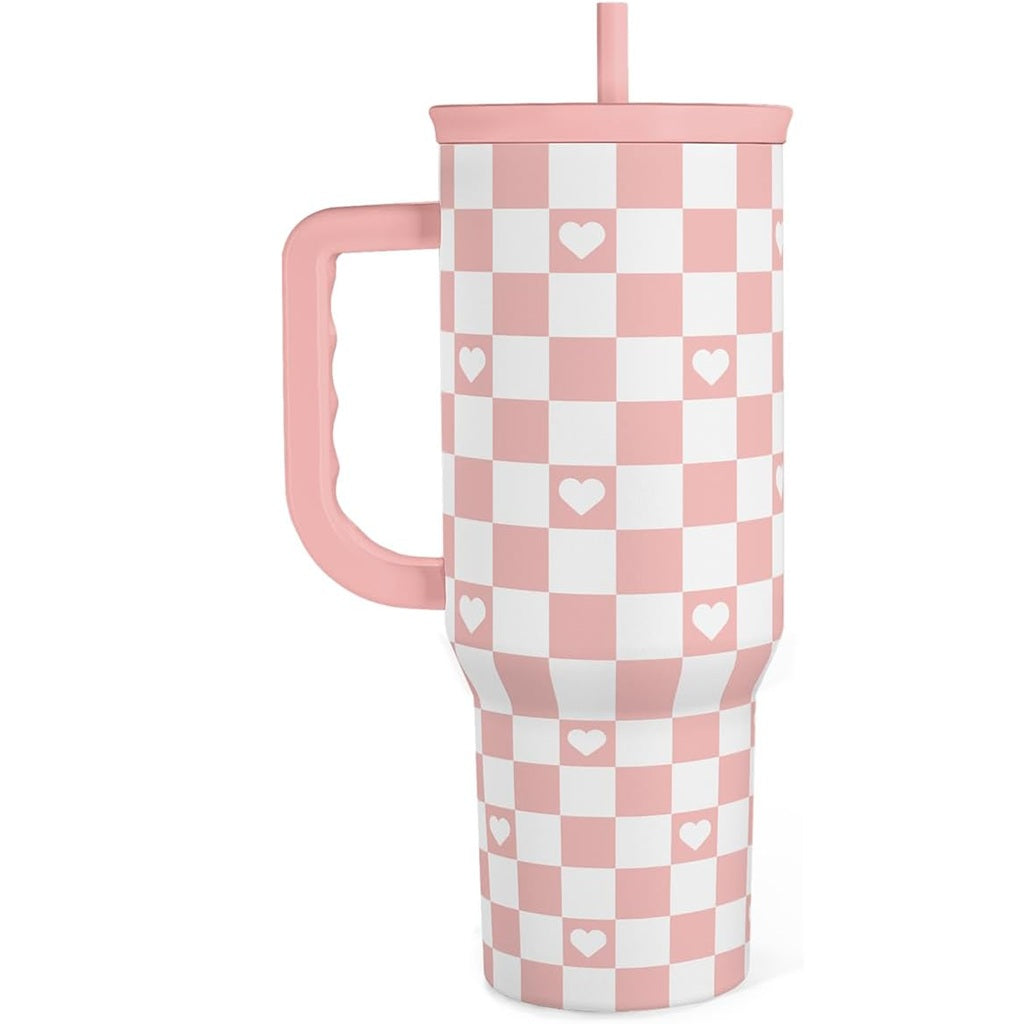 Coral checker heart 40oz tumbler with handle, pink sliding lid and straw
