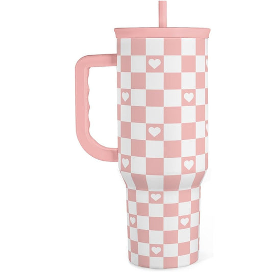 Coral checker heart 40oz tumbler with handle, pink sliding lid and straw