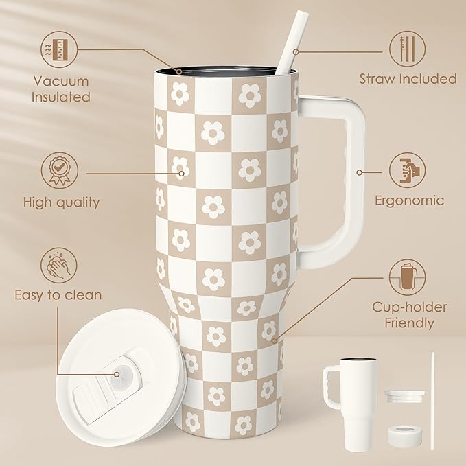 40oz slider tumbler with handle and straw, brown/white checkered daisy pattern