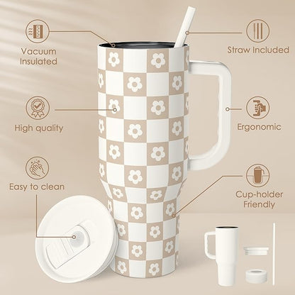 40oz slider tumbler with handle and straw, brown/white checkered daisy pattern
