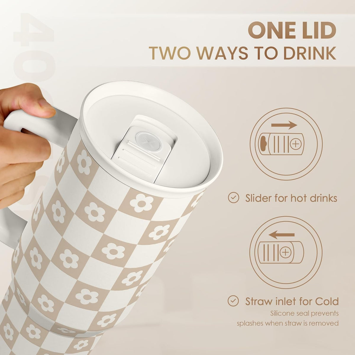 40oz tumbler with open slider lid, brown and white checkered daisy print