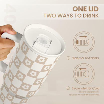 40oz tumbler with open slider lid, brown and white checkered daisy print