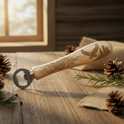 Wooden long-handle bottle opener with engraved eagle and black bottle-cap opener head