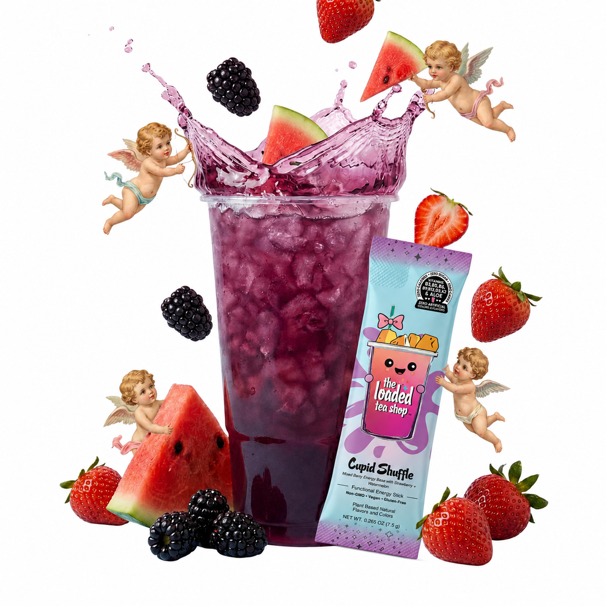 Berry flavored loaded tea cup with strawberries and blackberries; Cupid Shuffle stick pack