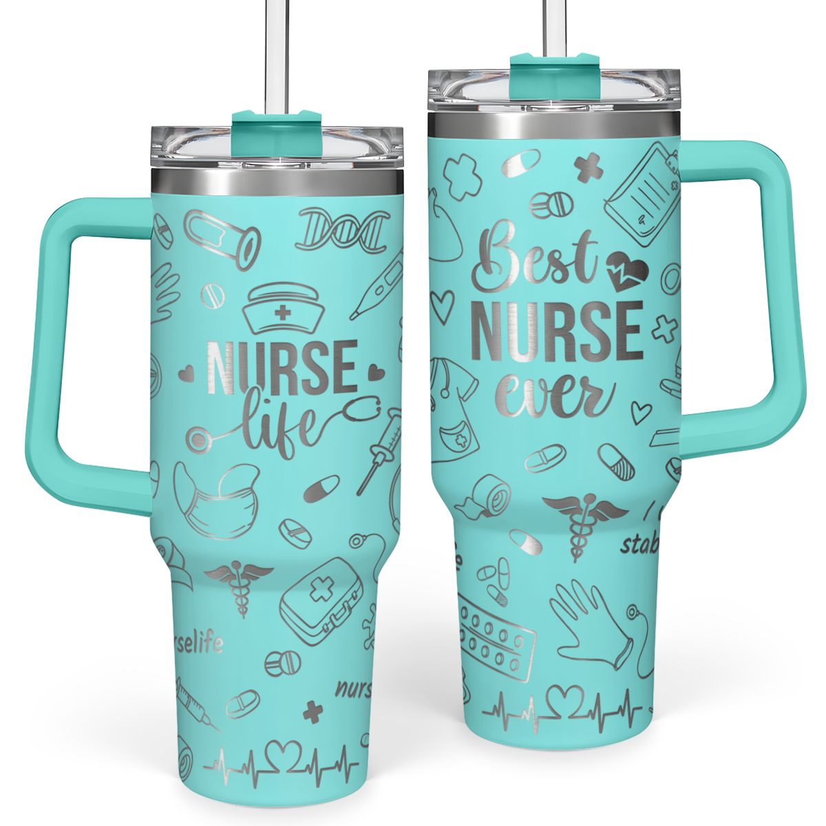Mint teal 40oz nurse-themed tumbler with handle, metal lid, straw topper