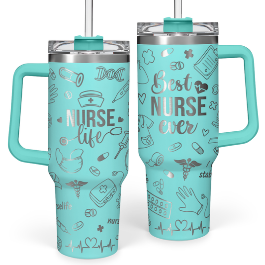 Mint teal 40oz nurse-themed tumbler with handle, metal lid, straw topper