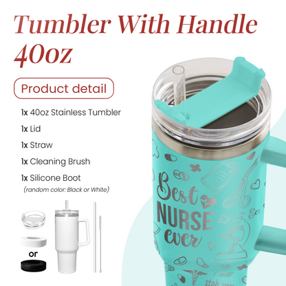 Mint 40oz stainless tumbler with handle, lid, straw, and nurse print