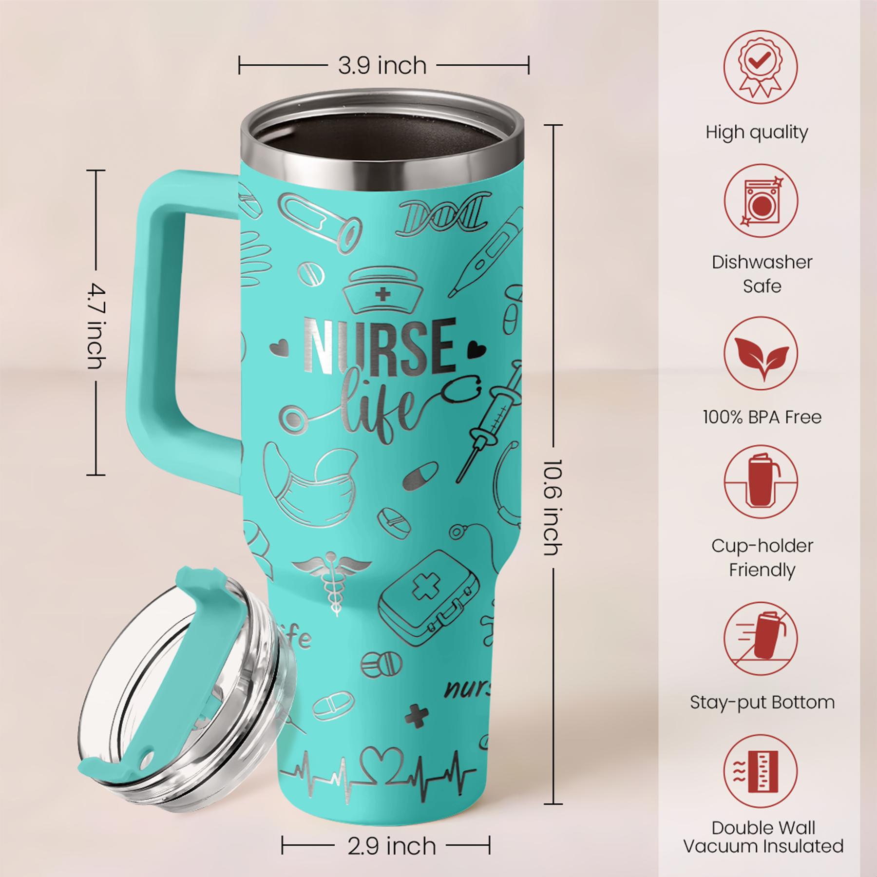 Mint nurse life 40oz tumbler with handle and front nurse graphic, close view