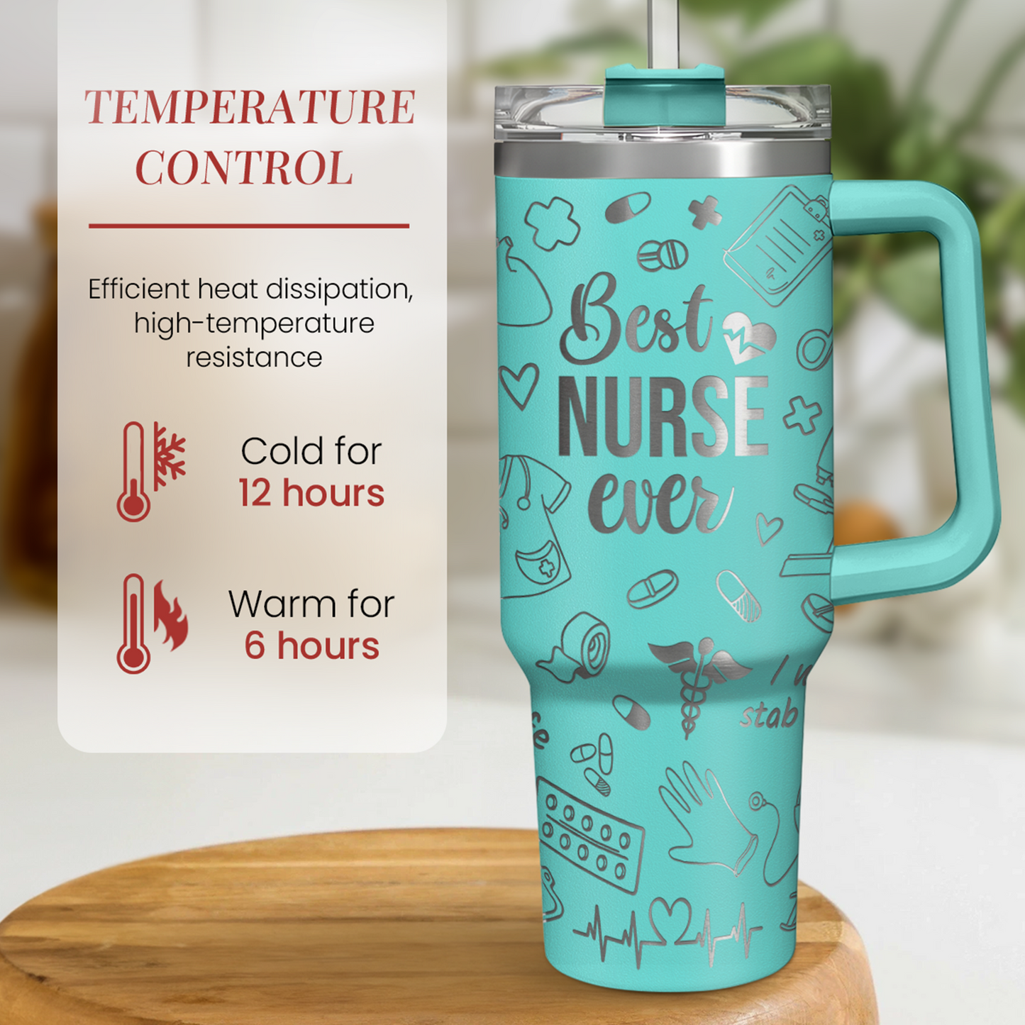 Mint nurse-themed 40oz tumbler with handle, insulated wall design