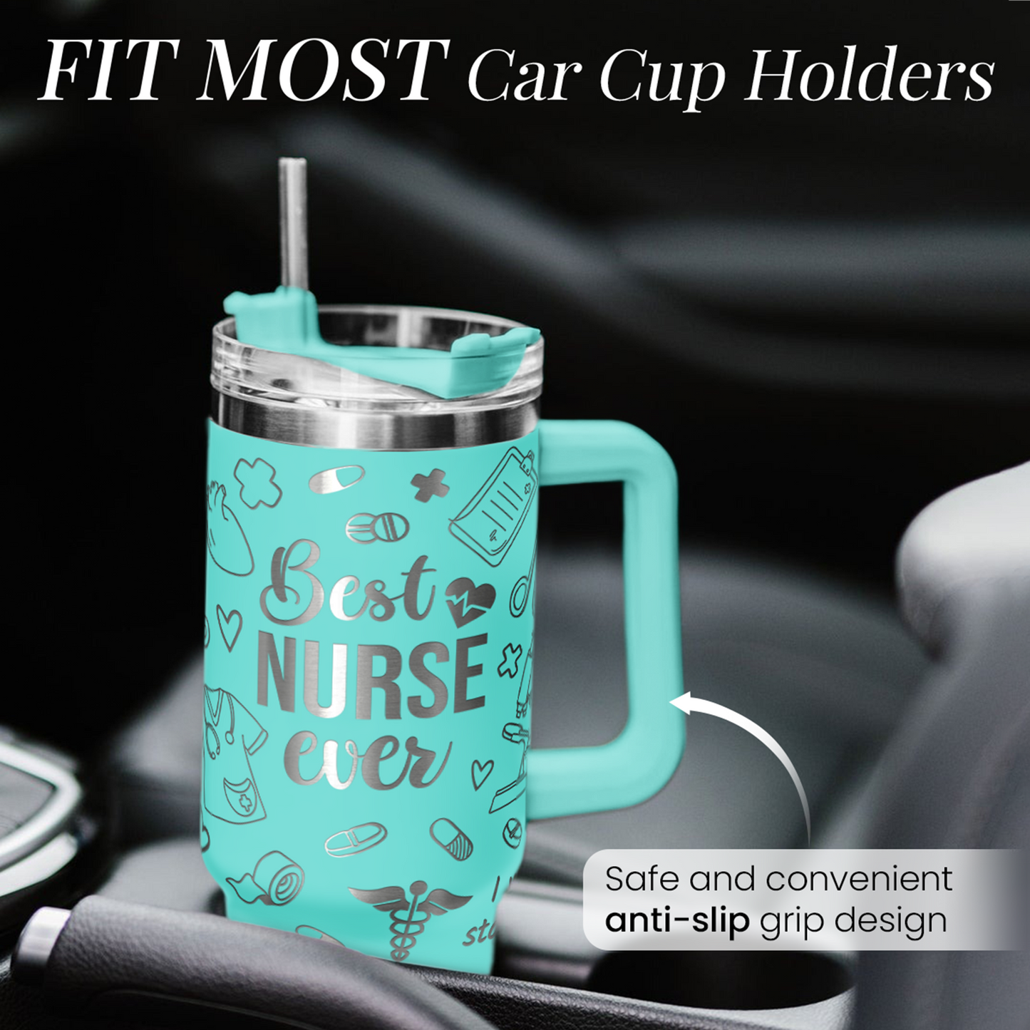 Mint nurse 40oz tumbler with handle, designed for car cup holder use