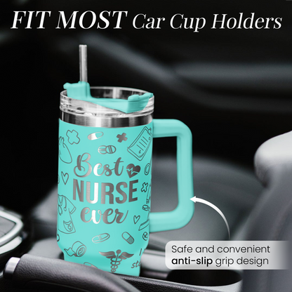 Mint nurse 40oz tumbler with handle, designed for car cup holder use