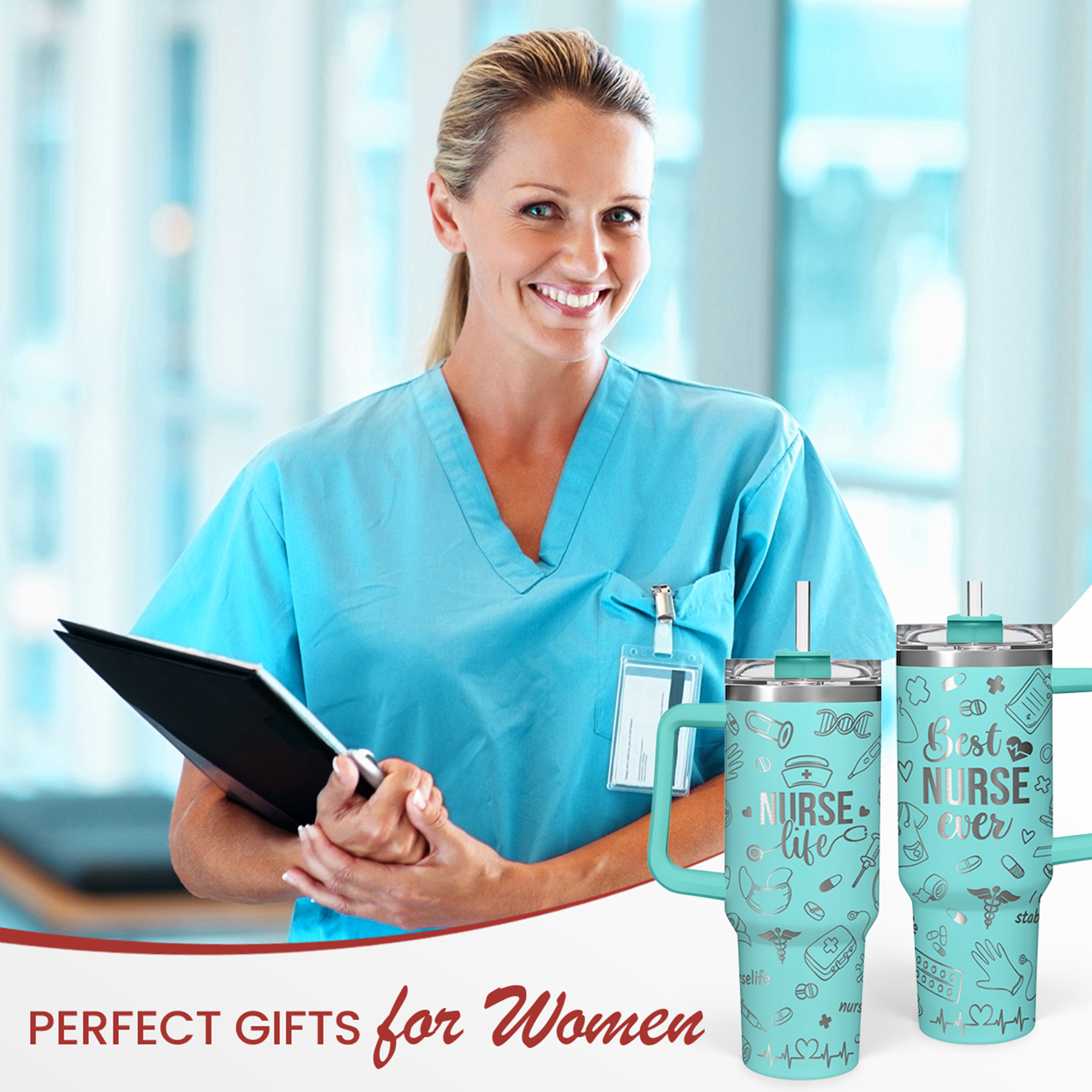 Mint nurse-themed 40oz tumbler set on a tray with a handle