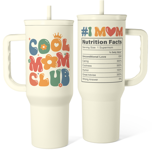 Beige 40oz slider tumbler with handle, colorful cool-mom style graphic and straw