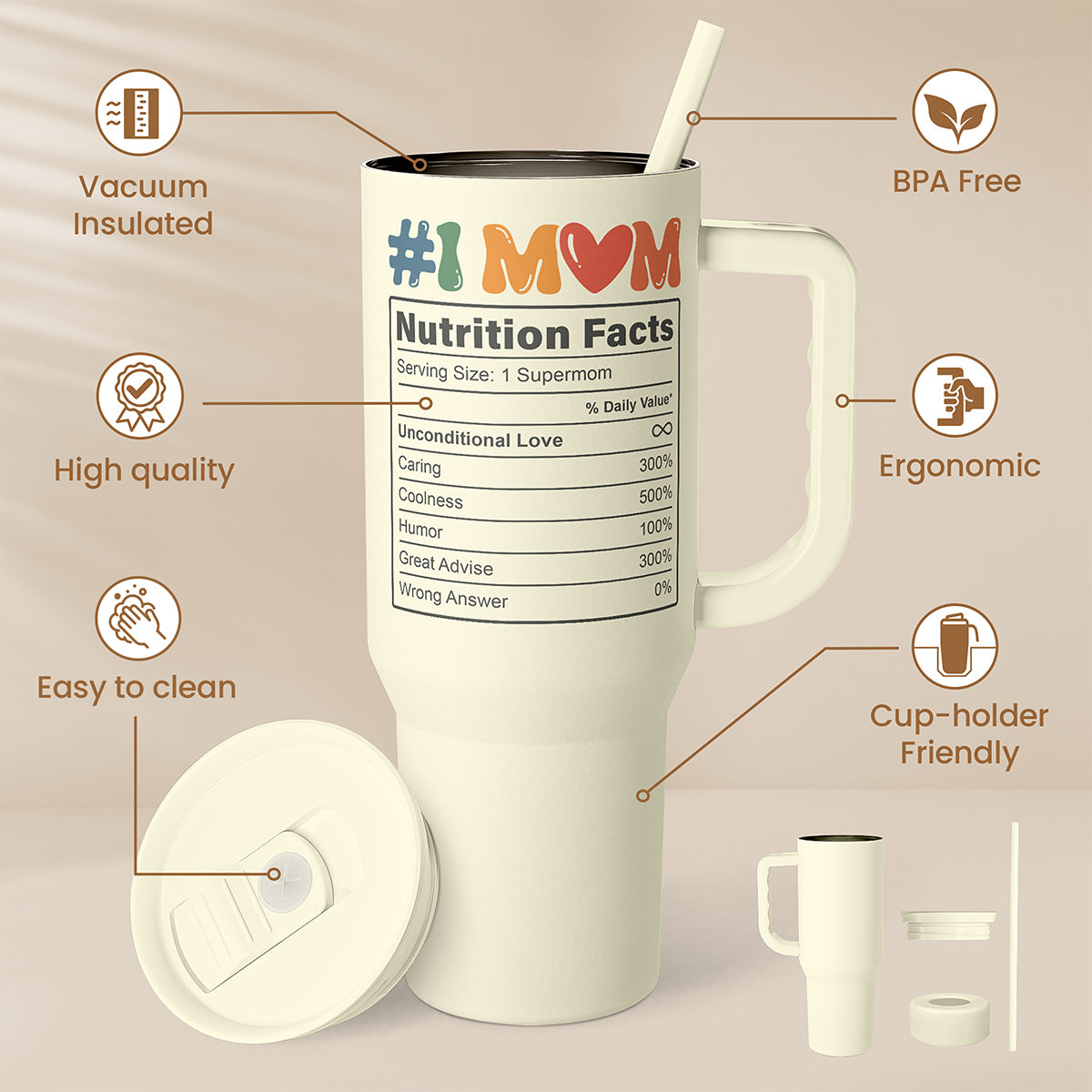 Beige 40oz slider tumbler with handle and straw, close view of printed label