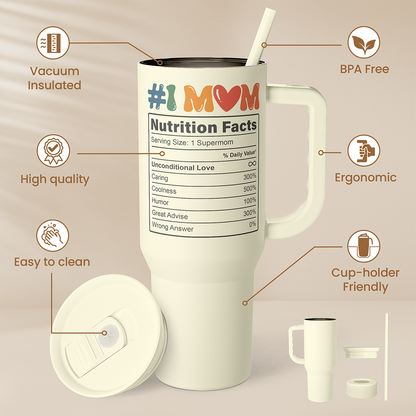 Beige 40oz slider tumbler with handle and straw, close view of printed label