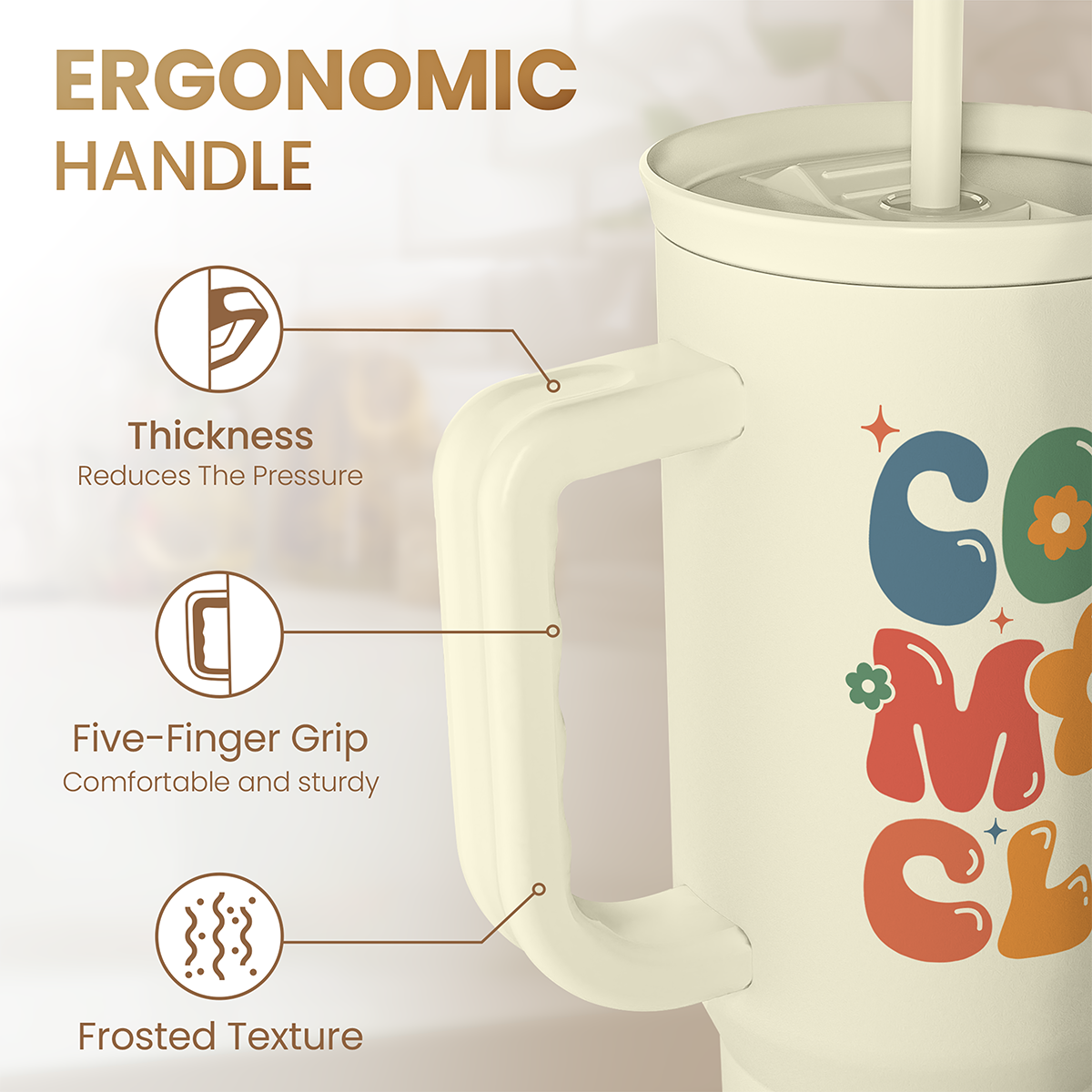 Beige 40oz slider tumbler with ergonomic handle, frosted texture near spout