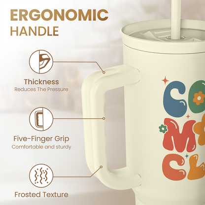 Beige 40oz slider tumbler with ergonomic handle, frosted texture near spout