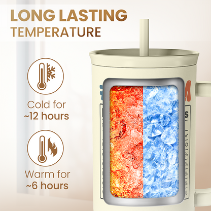 Beige 40oz slider tumbler with straw, insulated window showing hot and cold colors