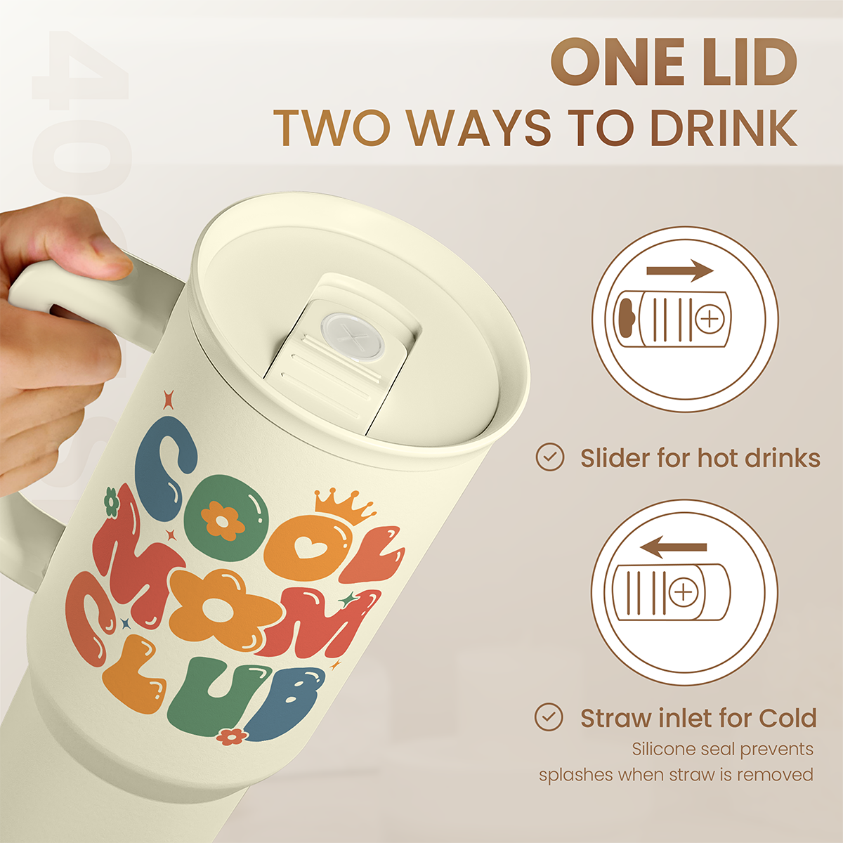 Beige 40oz slider tumbler with lid opened, slider for hot and straw inlet for cold