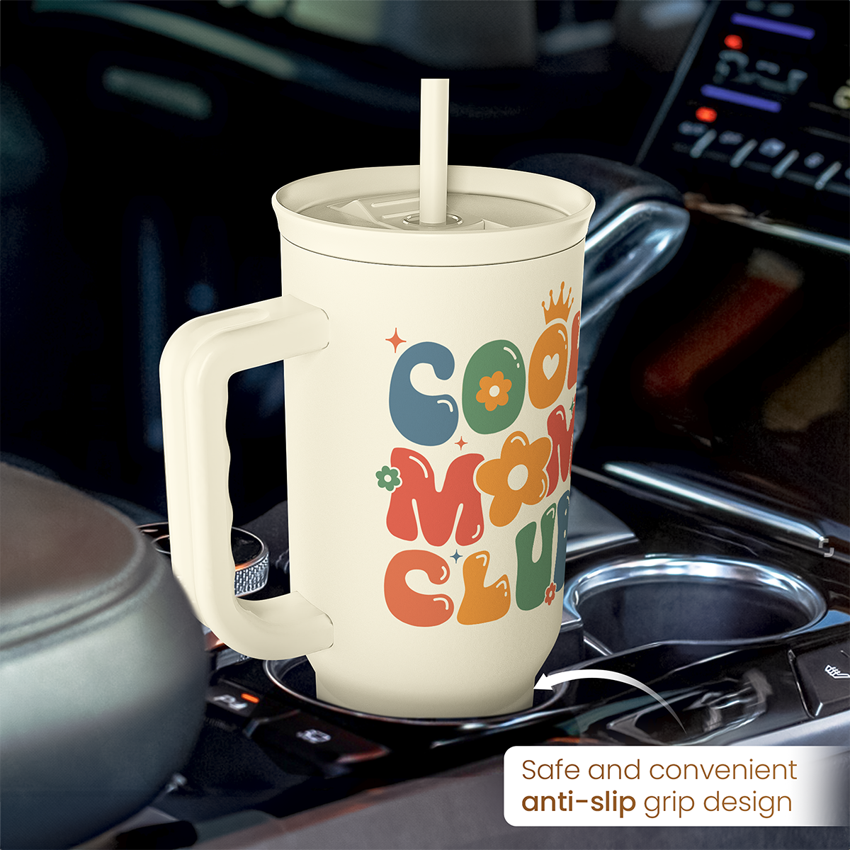 Beige 40oz slider tumbler with handle and straw on car interior, anti-slip grip