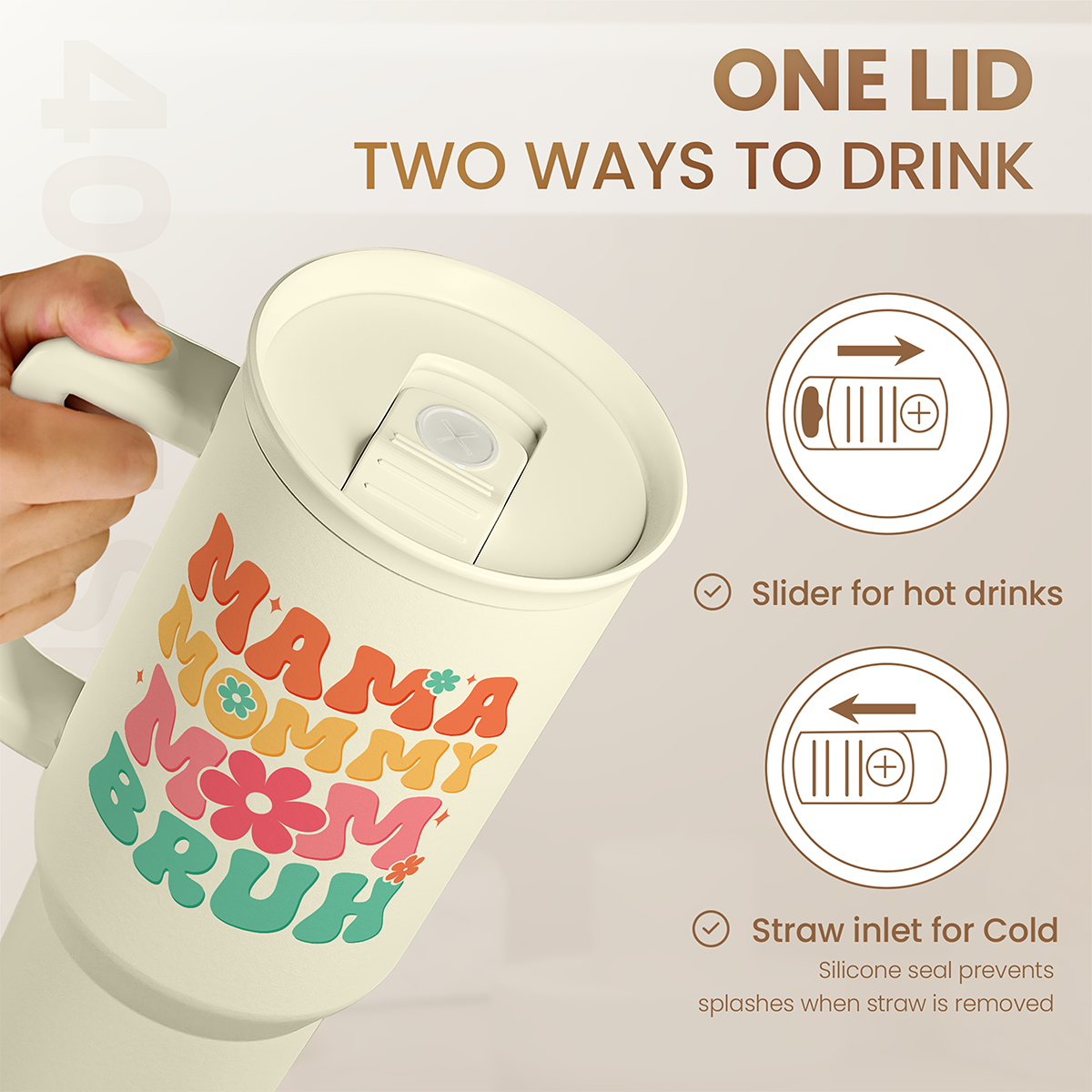 Cream tumbler with one lid: sliding cover for hot drinks and straw inlet for cold.
