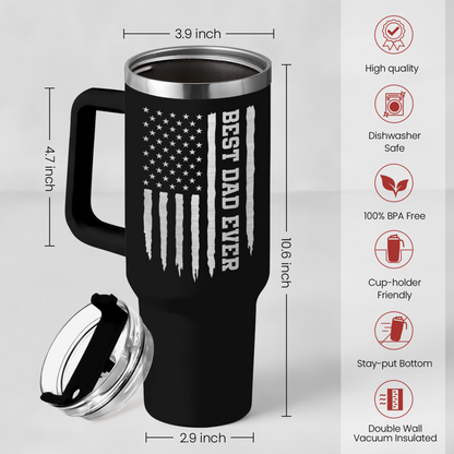 Black 40oz insulated tumbler with handle and clear lid, double-wall vacuum insulation