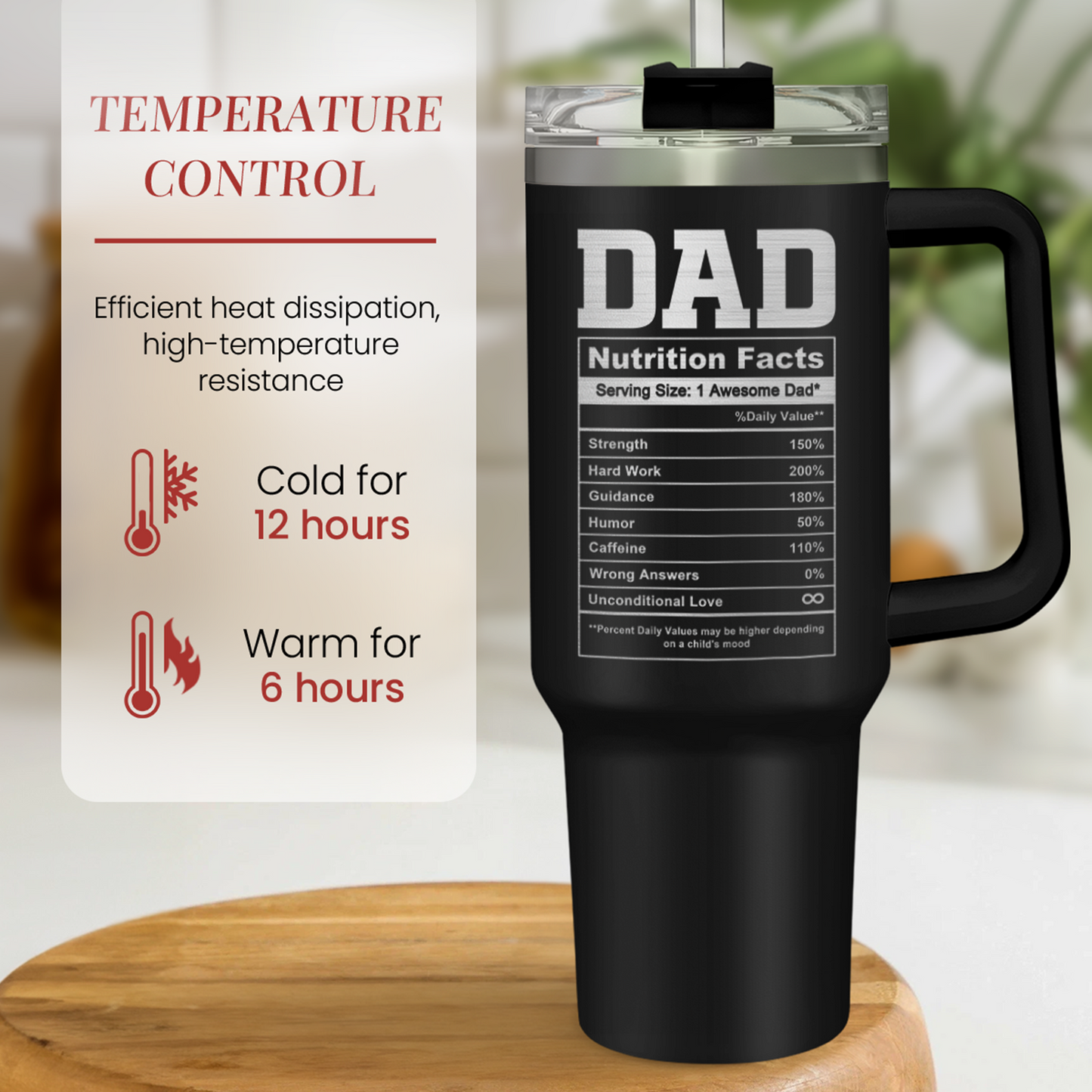 Black 40oz insulated tumbler with handle and nutrition facts panel, temperature control