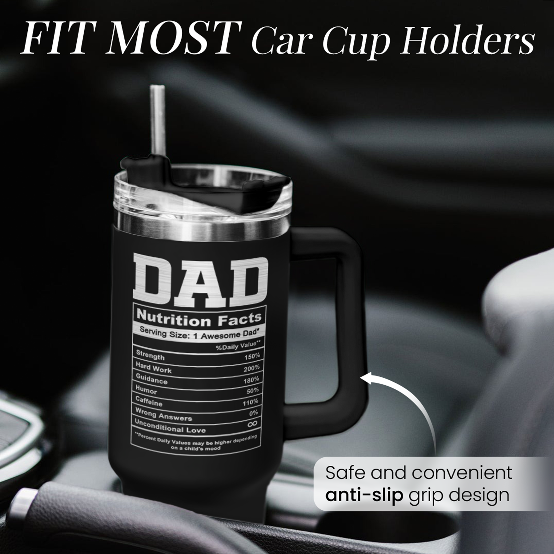 Black 40oz tumbler with handle and cup-holder friendly base, anti-slip grip design