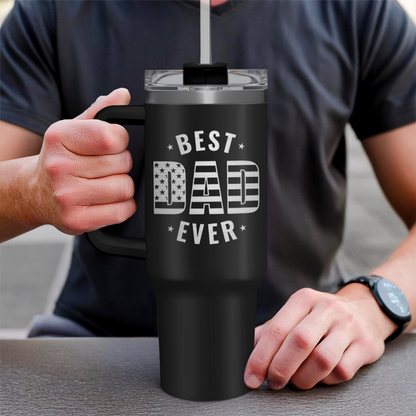 Black 40 oz tumbler with handle, clear lid; 'Best Dad Ever' front text