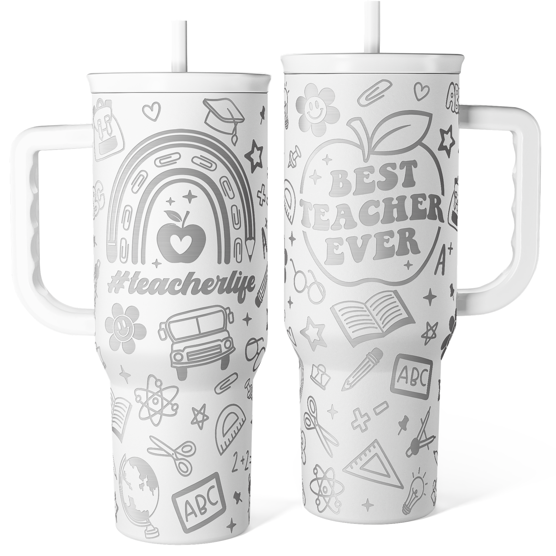 White 40oz tumbler with handle and white straw, teacher-themed gray line art print