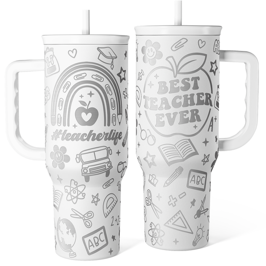White 40oz tumbler with handle and white straw, teacher-themed gray line art print