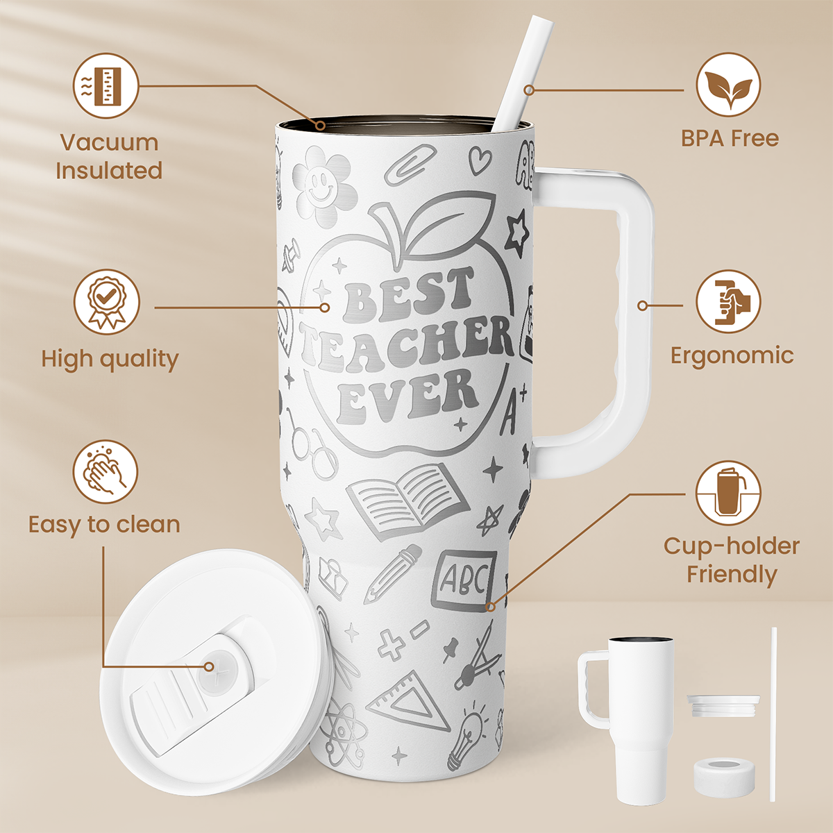 White 40oz tumbler with handle, teacher-themed print and sliding lid with straw