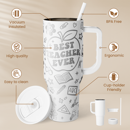 White 40oz tumbler with handle, teacher-themed print and sliding lid with straw