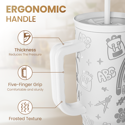 White 40oz tumbler with ergonomic handle, frosted texture, teacher-themed print
