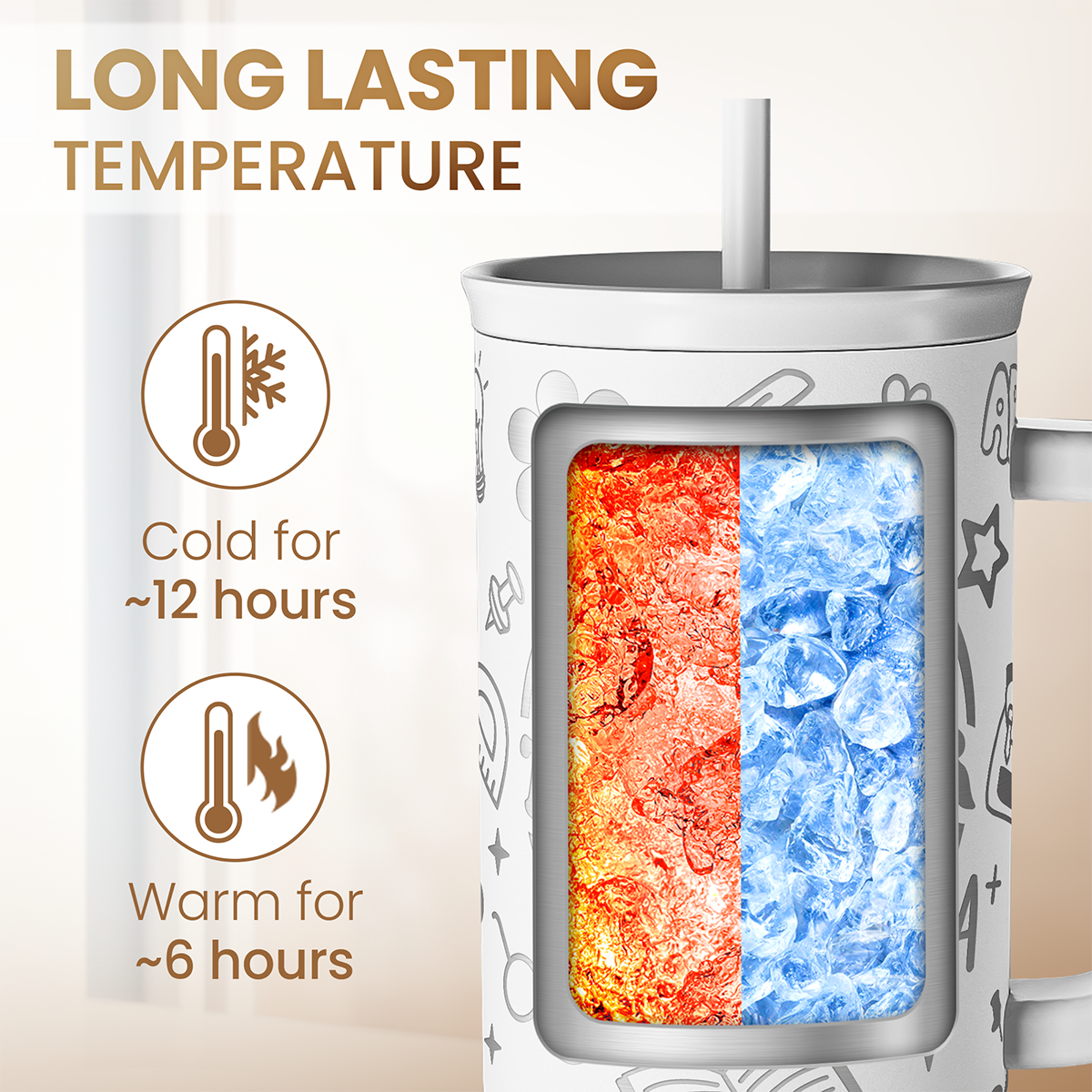 White insulated 40oz tumbler with teacher-themed print, showing hot and cold areas