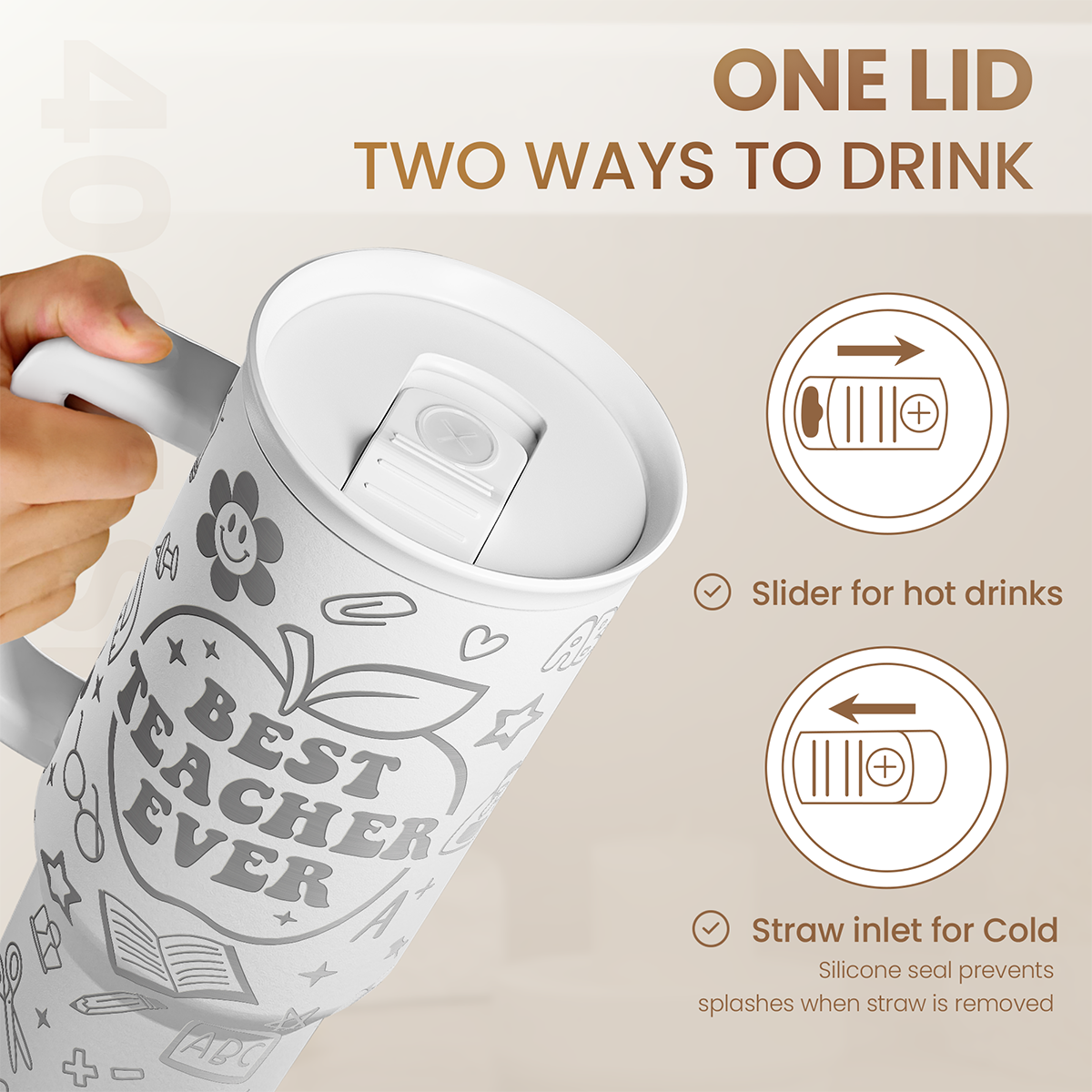 White 40oz tumbler with lid and teacher print, with straw inlet and slider opening
