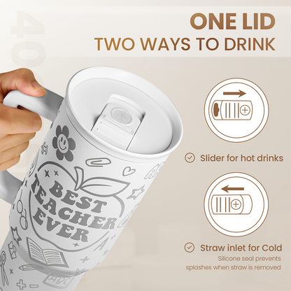 White 40oz tumbler with lid and teacher print, with straw inlet and slider opening