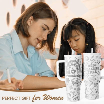 White 40oz teacher tumbler with handle and teacher-themed print, used by two people
